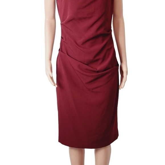 ADRIANNA Papell Asymmetrical Brick Red Crinkled Midi Sheath Dress Size: 10 - Picture 3 of 13